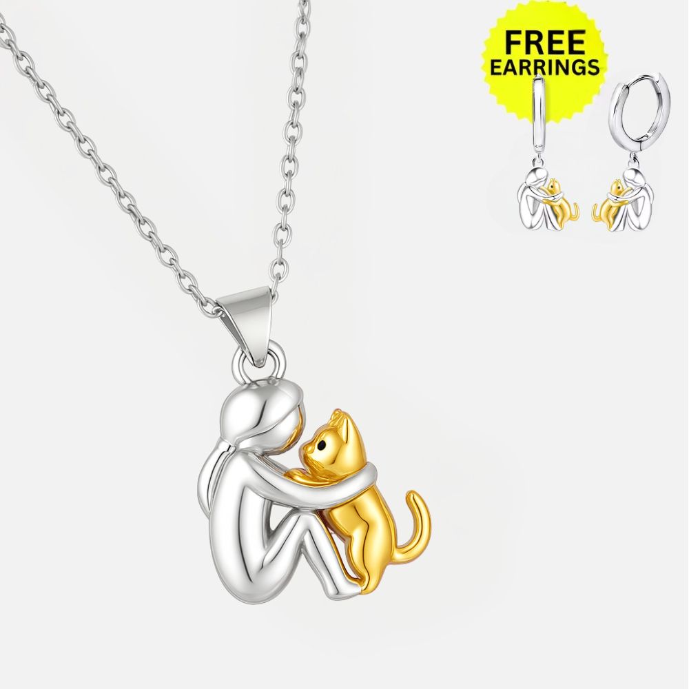 "Forever in Your Heart" Cat Hug Necklace Set + FREE Matching Earrings
