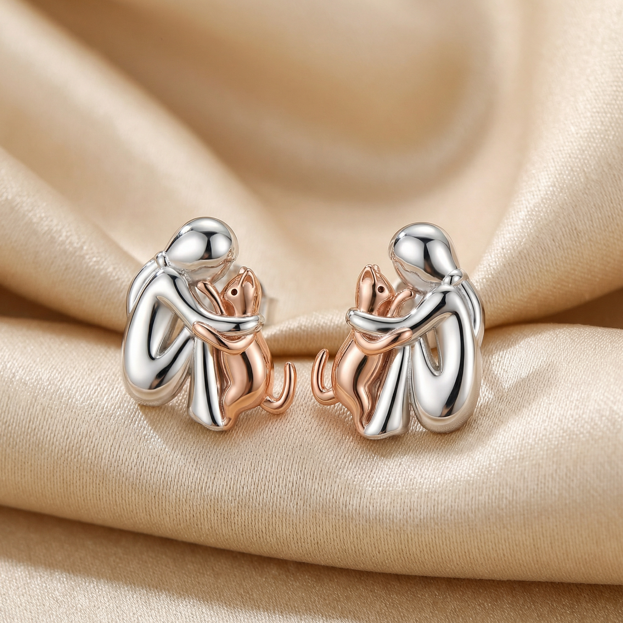 "Forever in Your Heart" Cat Hug Rose Gold Stud Earrings