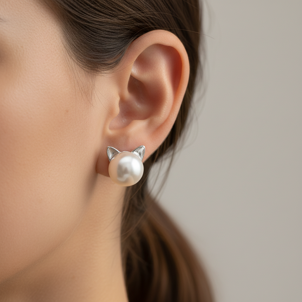 "Purrfectly Elegant" Pearl Cat Stud Earrings - Sterling Silver